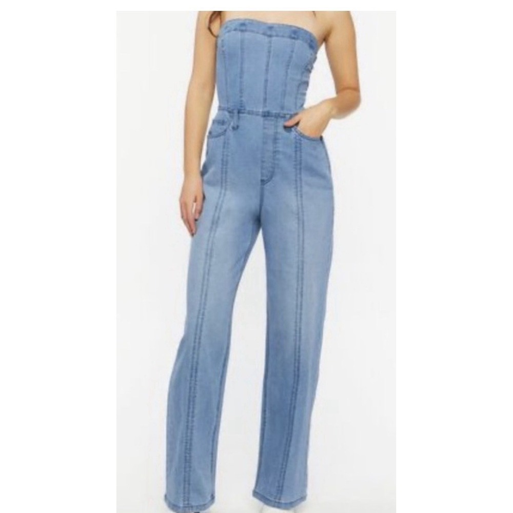 Forever 21 Light Blue Denim Strapless Jumpsuit